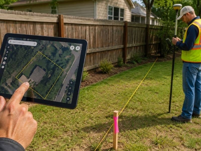 Land surveyor checking a residential property boundary while comparing survey markers with a digital property map