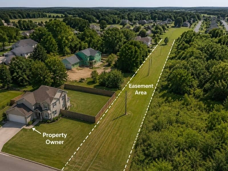 Aerial view of a residential property easement with visible boundary lines and utility access area near a surveyed backyard