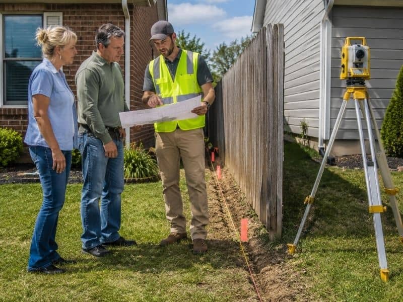 Land surveyor reviewing a property boundary map with homeowners beside a fence line to help resolve a neighbor property dispute