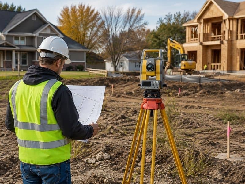 Licensed land surveyor reviewing site plans beside survey equipment at a residential and construction development project